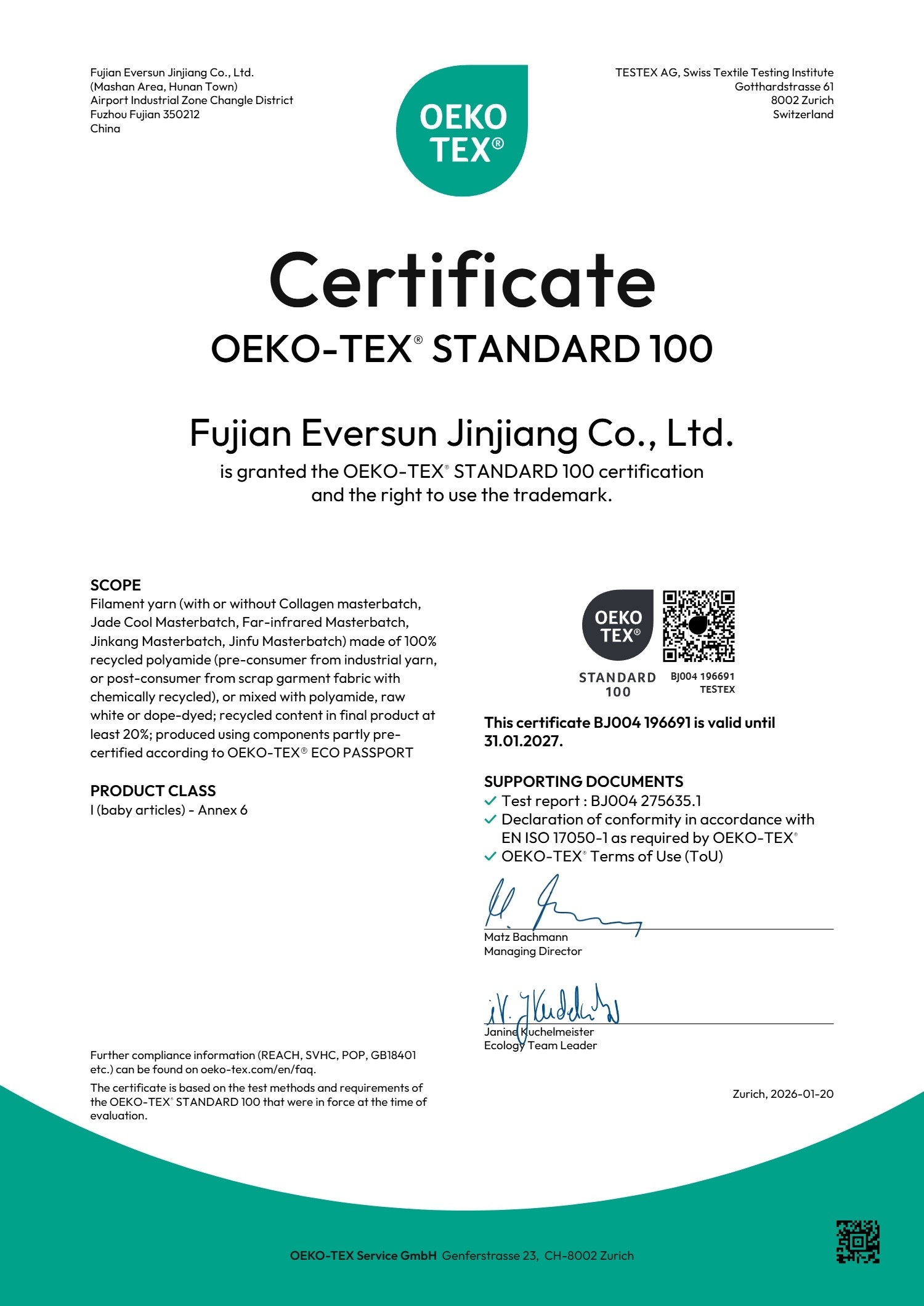 OEKO-TEX Standard 100 certificate for Fujian Eversun Jinjiang Co., Ltd.